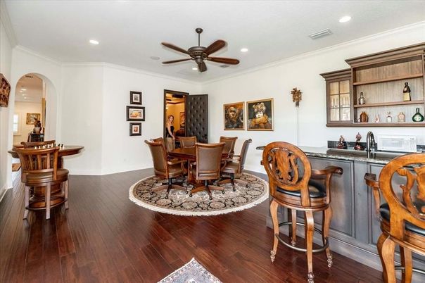 Dining room, Interior, Recessed Lighting, Wood Texture Flooring