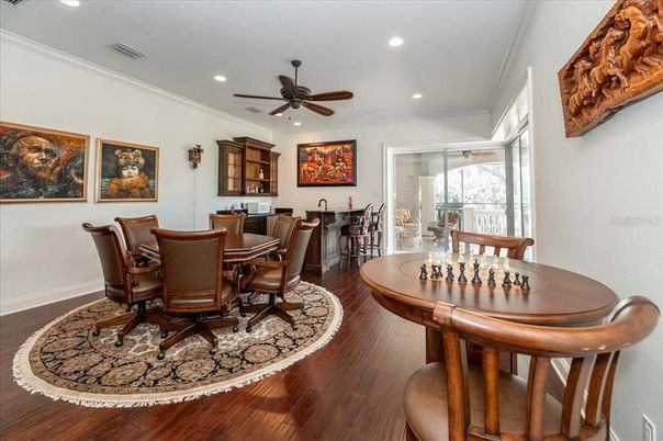 Dining room, Interior, Recessed Lighting, Wood Texture Flooring