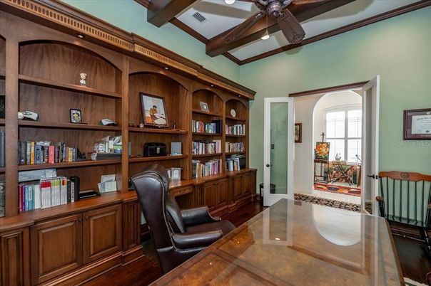 Home Office, Interior, Recessed Lighting, Wooden Beams, Wood Texture Flooring