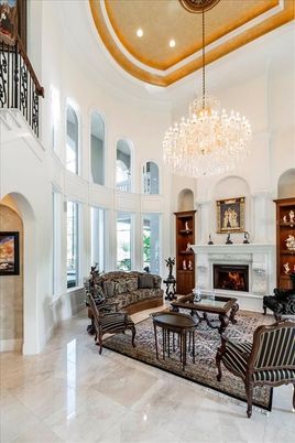 Chandelier, Fireplace, Interior, Living room, Recessed Lighting