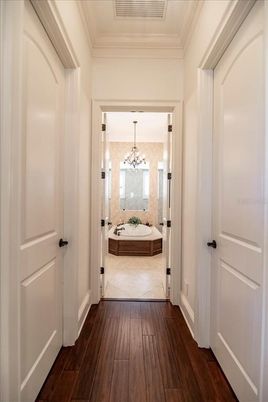 Bathroom, Chandelier, Interior, Wood Texture Flooring