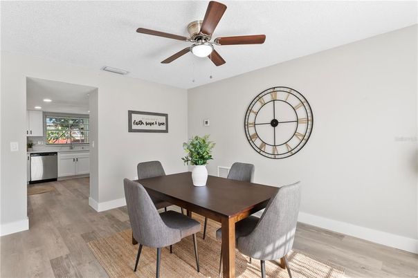Dining room, Interior, Recessed Lighting, Wood Texture Flooring