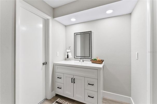 Bathroom, Interior, Recessed Lighting, Wood Texture Flooring