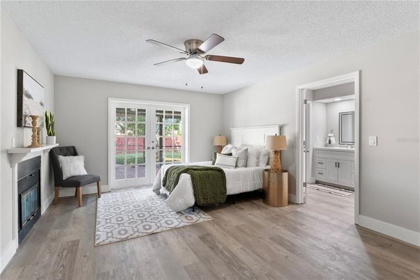 Bedroom, Fireplace, Interior, Wood Texture Flooring