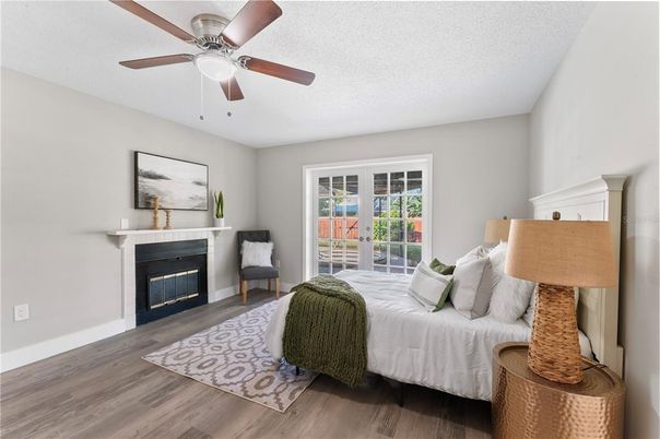 Bedroom, Fireplace, Interior, Wood Texture Flooring
