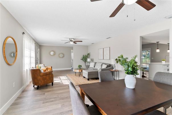 Dining room, Interior, Living room, Pendant Lights, Wood Texture Flooring