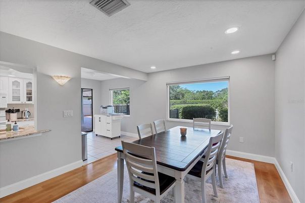 Dining room, Interior, Recessed Lighting, Wood Texture Flooring