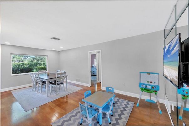Dining room, Interior, Recessed Lighting, Wood Texture Flooring