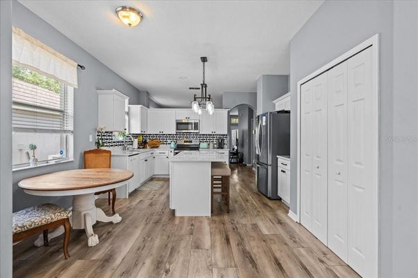 Interior, Kitchen, Pendant Lights, Stainless Steel Appliances, Wood Texture Flooring