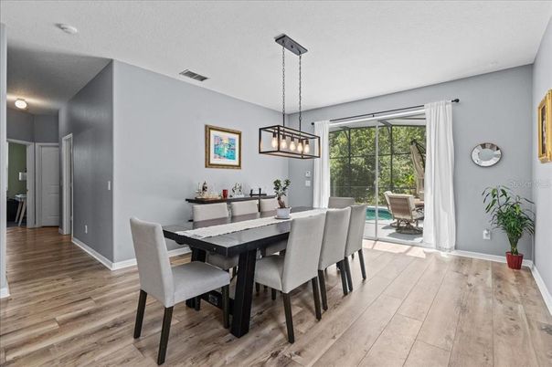 Dining room, Interior, Pendant Lights, Wood Texture Flooring
