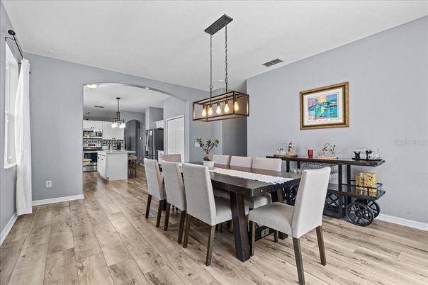 Dining room, Interior, Kitchen, Pendant Lights, Wood Texture Flooring