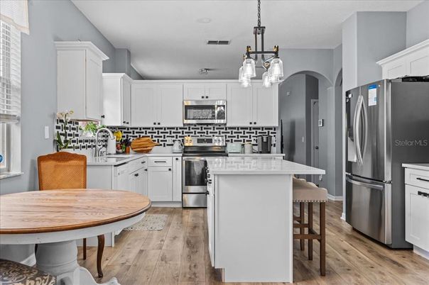 Interior, Kitchen, Pendant Lights, Stainless Steel Appliances, Wood Texture Flooring