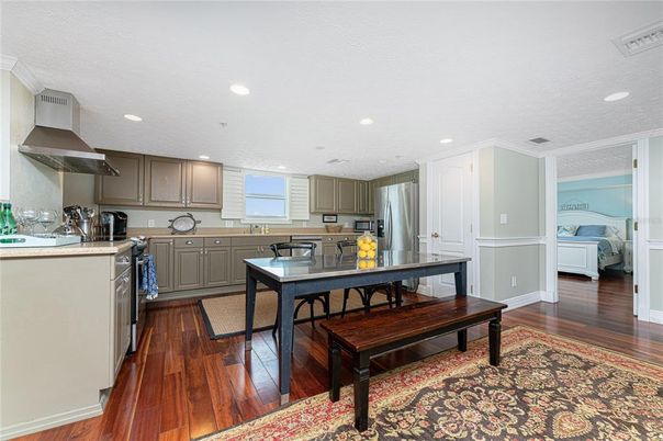 Interior, Kitchen, Recessed Lighting, Stainless Steel Appliances, Wood Texture Flooring