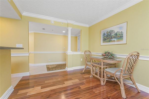 Dining room, Interior, Recessed Lighting, Wood Texture Flooring