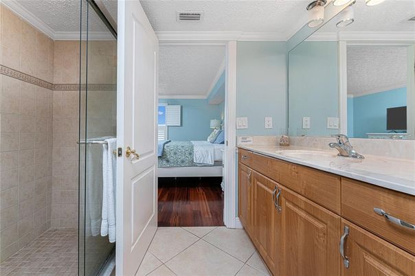 Bathroom, Bedroom, Glass Shower, Interior, Wood Texture Flooring