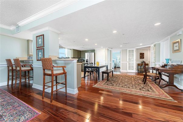 Dining room, Interior, Kitchen, Recessed Lighting, Wood Texture Flooring