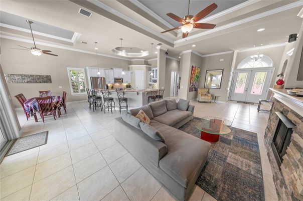 Dining room, Fireplace, Interior, Kitchen, Living room, Pendant Lights, Recessed Lighting