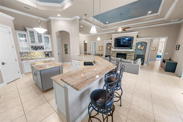 Fireplace, Interior, Kitchen, Living room, Pendant Lights, Recessed Lighting