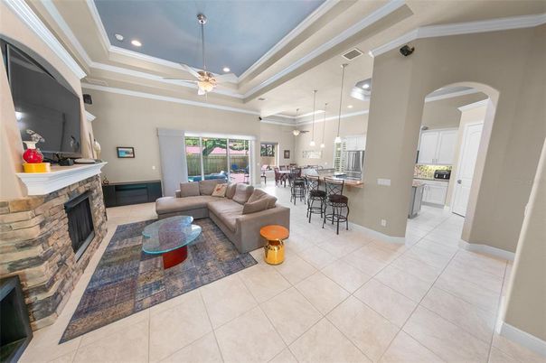 Fireplace, Interior, Kitchen, Living room, Pendant Lights, Recessed Lighting