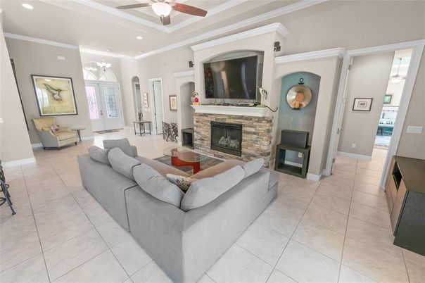 Chandelier, Fireplace, Interior, Living room, Recessed Lighting