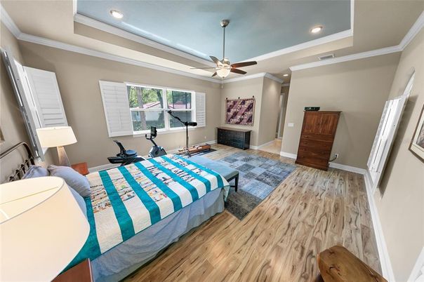 Bedroom, Fitness Equipment, Interior, Recessed Lighting, Wood Texture Flooring
