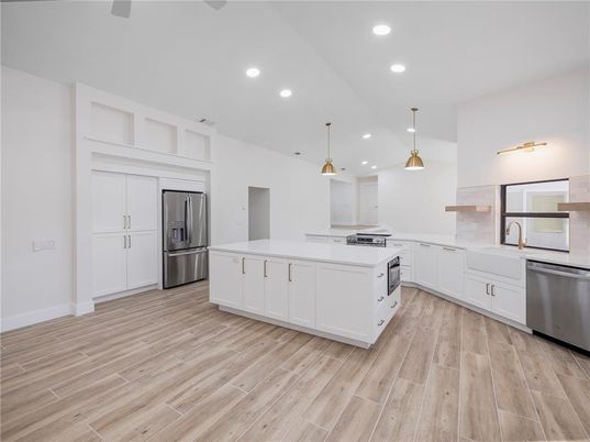Interior, Kitchen, Pendant Lights, Recessed Lighting, Stainless Steel Appliances, Wood Texture Flooring