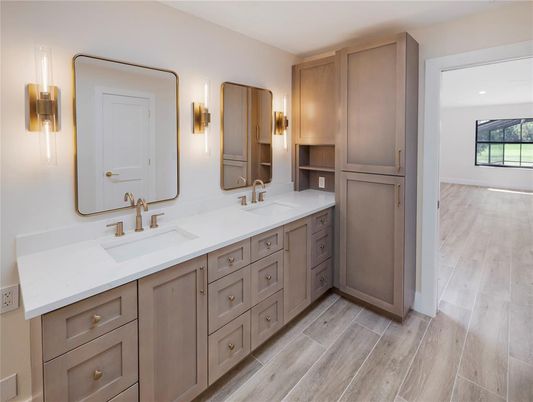 Bathroom, Dual Sink Vanities, Interior, Wood Texture Flooring