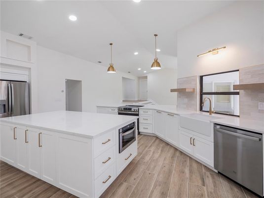 Interior, Kitchen, Pendant Lights, Recessed Lighting, Stainless Steel Appliances, Wood Texture Flooring