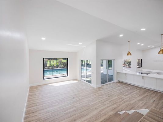 Empty room, Interior, Kitchen, Pendant Lights, Recessed Lighting, Wood Texture Flooring