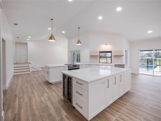 Interior, Kitchen, Pendant Lights, Recessed Lighting, Wood Texture Flooring