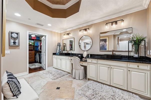 Bathroom, Dual Sink Vanities, Interior, Recessed Lighting, Wood Texture Flooring