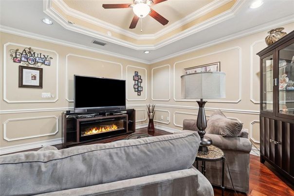 Fireplace, Interior, Living room, Recessed Lighting, Wood Texture Flooring
