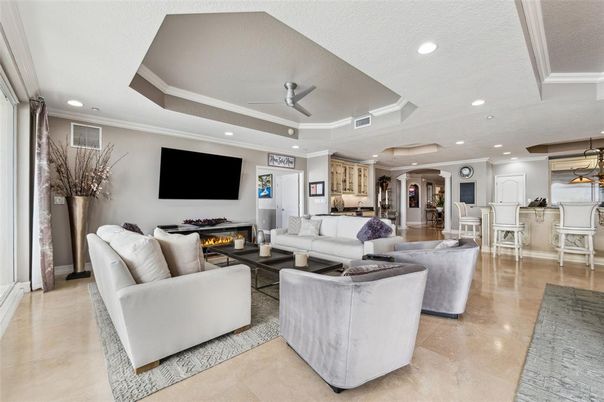 Fireplace, Interior, Kitchen, Living room, Pendant Lights, Recessed Lighting