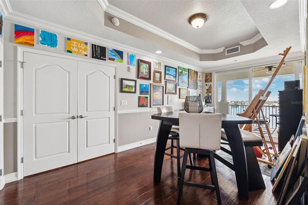 Dining room, Interior, Recessed Lighting, Wood Texture Flooring
