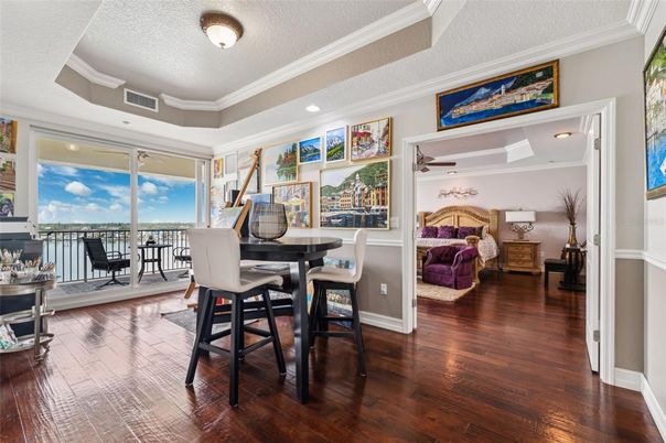 Bedroom, Dining room, Interior, Recessed Lighting, Wood Texture Flooring