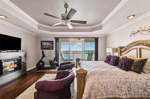 Bedroom, Fireplace, Fitness Equipment, Interior, Recessed Lighting, Wood Texture Flooring