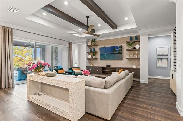 Interior, Living room, Recessed Lighting, Wood Texture Flooring