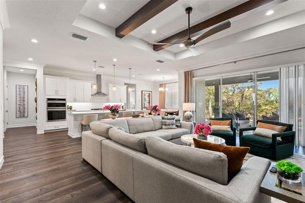 Interior, Kitchen, Living room, Pendant Lights, Recessed Lighting, Stainless Steel Appliances, Wooden Beams, Wood Texture Flooring