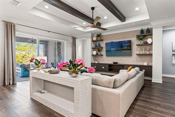 Interior, Living room, Recessed Lighting, Wooden Beams, Wood Texture Flooring