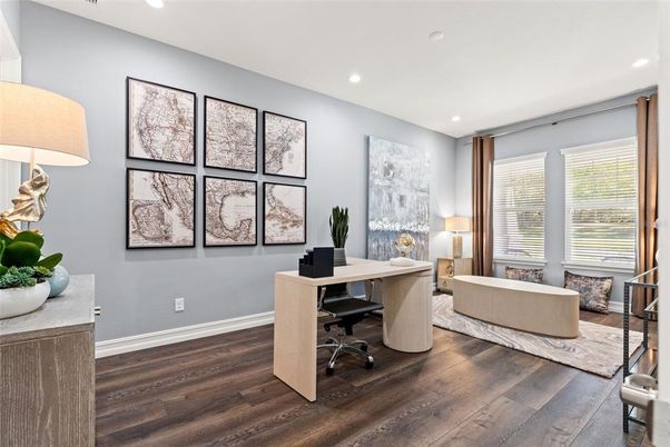 Home Office, Interior, Recessed Lighting, Wood Texture Flooring