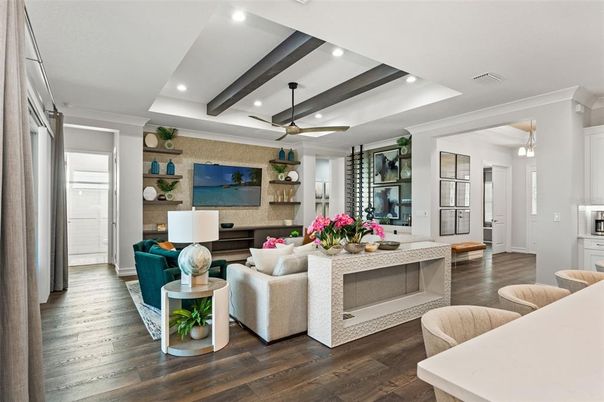 Interior, Living room, Pendant Lights, Recessed Lighting, Wood Texture Flooring