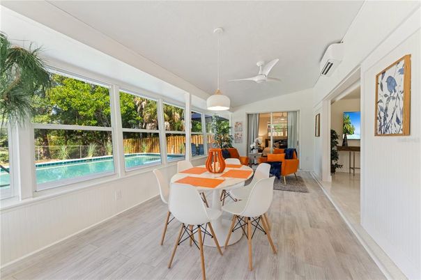 Dining room, Interior, Living room, Pendant Lights, Wood Texture Flooring