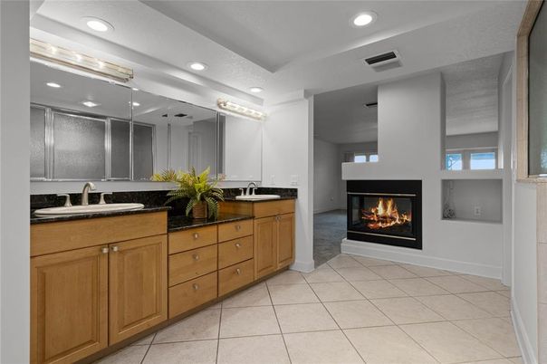 Bathroom, Dual Sink Vanities, Fireplace, Interior, Recessed Lighting