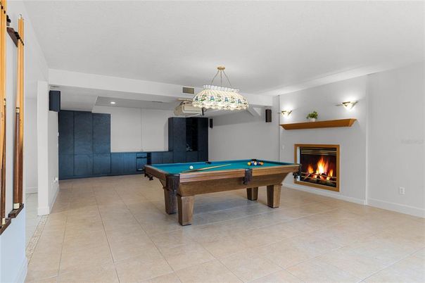 Billiard Table, Fireplace, Game Room, Interior, Pendant Lights, Recessed Lighting