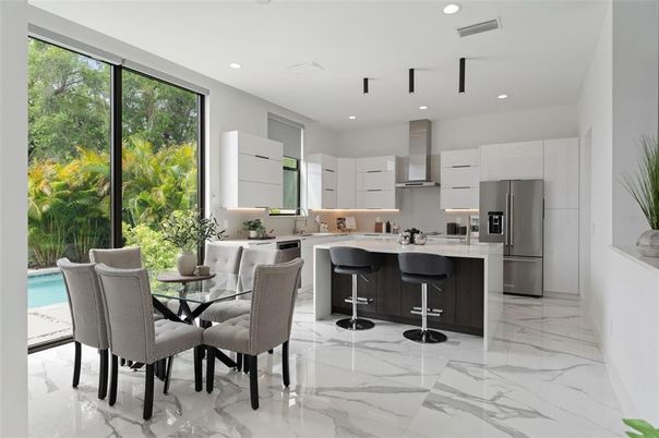 Dining room, Interior, Kitchen, Marble, Recessed Lighting, Stainless Steel Appliances