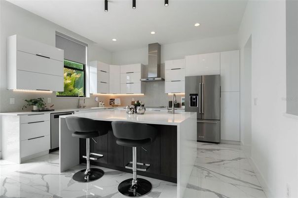 Interior, Kitchen, Marble, Recessed Lighting, Stainless Steel Appliances