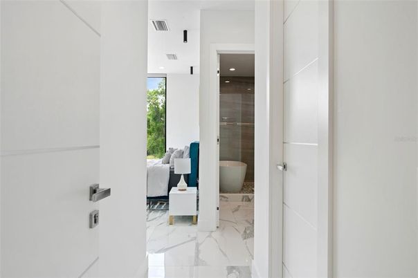 Bathroom, Free Standing Baths, Glass Shower, Interior, Marble, Recessed Lighting