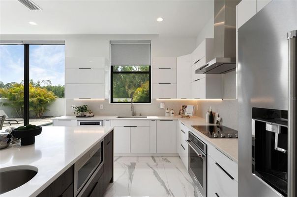 Interior, Kitchen, Marble, Recessed Lighting, Stainless Steel Appliances