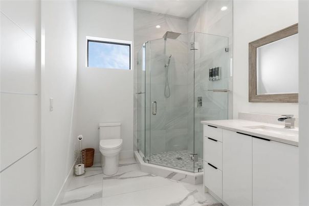 Bathroom, Glass Shower, Interior, Marble, Marble Walls, Recessed Lighting