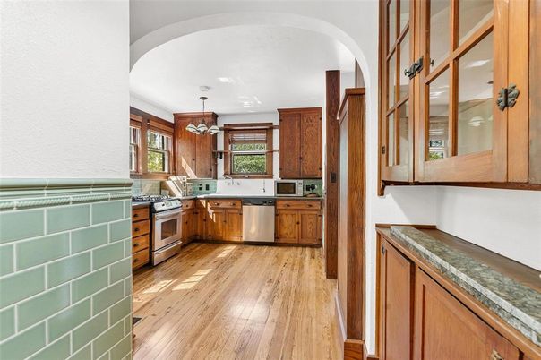 Interior, Kitchen, Pendant Lights, Stainless Steel Appliances, Wood Texture Flooring